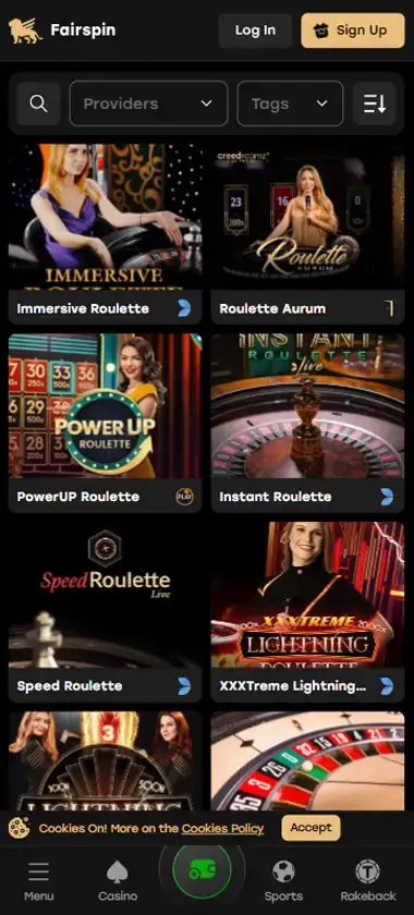 Fairspin Casino mobile live casino interface showing live dealer tables including blackjack and roulette - captured during platform testing Fairspin Casino mobile live casino interface showing live dealer tables including blackjack and roulette - captured during platform testing