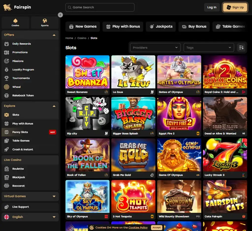 Fairspin Casino desktop slots lobby presenting a variety of slot games with categories and providers - tested Fairspin Casino desktop slots lobby presenting a variety of slot games with categories and providers - tested