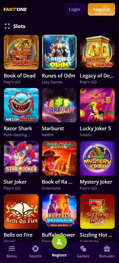 Fastone Casino mobile slots interface screenshot showing slot game selection with popular titles and filtering options - captured during platform testing Fastone Casino mobile slots interface screenshot showing slot game selection with popular titles and filtering options - captured during platform testing
