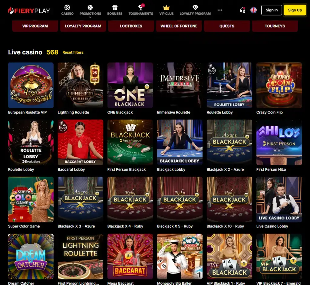 Fiery Play Casino desktop live casino lobby screenshot featuring live dealer games and real-time streaming interface - review testing Fiery Play Casino desktop live casino lobby screenshot featuring live dealer games and real-time streaming interface - review testing
