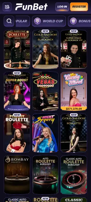Funbet Casino mobile live casino interface screenshot showing live dealer tables including blackjack and roulette - tested