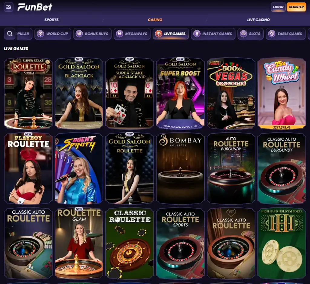 Funbet Casino desktop live casino lobby screenshot featuring live dealer games and real-time streaming interface - review testing