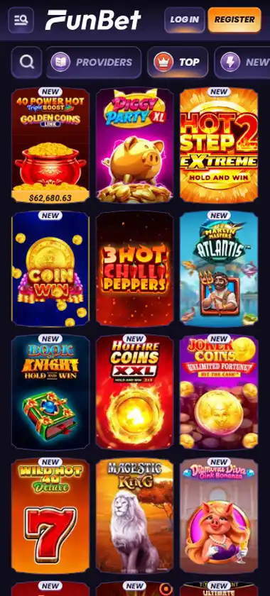 Funbet Casino mobile slots interface screenshot showing slot game selection with popular titles and filtering options - captured during platform testing