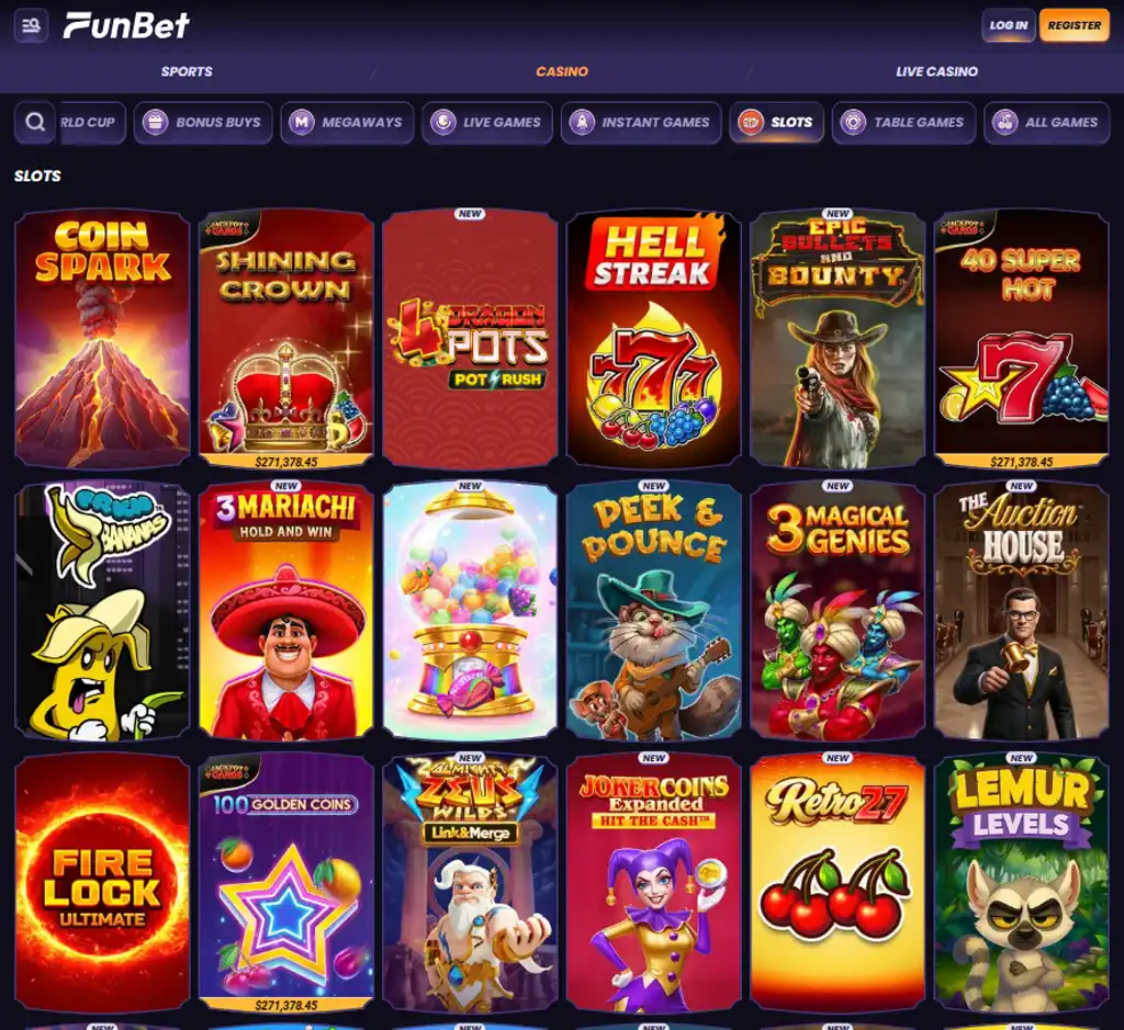 Funbet Casino desktop slots lobby screenshot presenting variety of slot games with categories and providers - verified