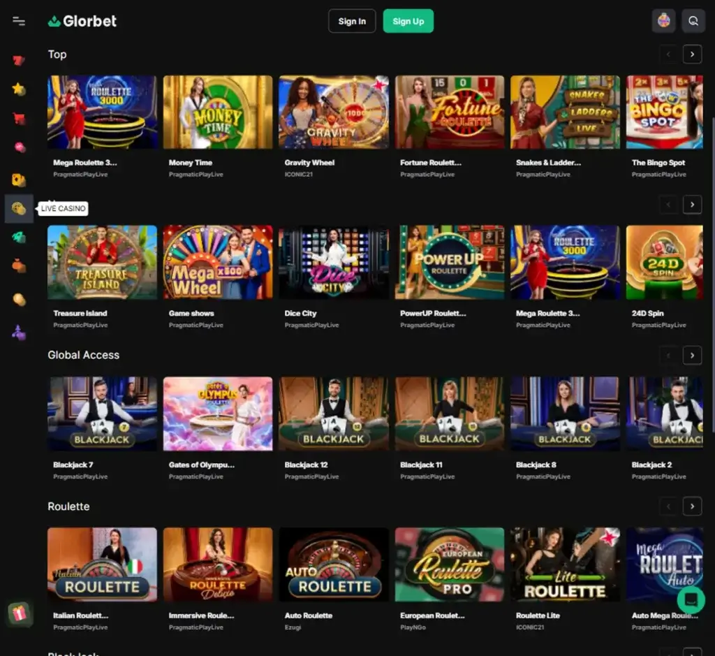 Glorbet Casino desktop live casino lobby screenshot featuring live dealer games and real-time streaming interface - review testing
