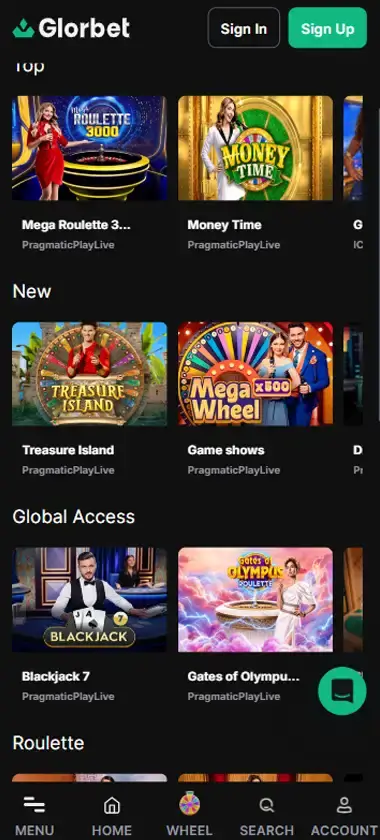 Glorbet Casino Mobile Preview 2
