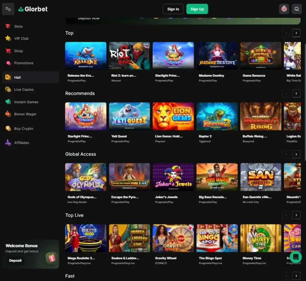 Glorbet Casino desktop slots lobby screenshot presenting variety of slot games with categories and providers - verified