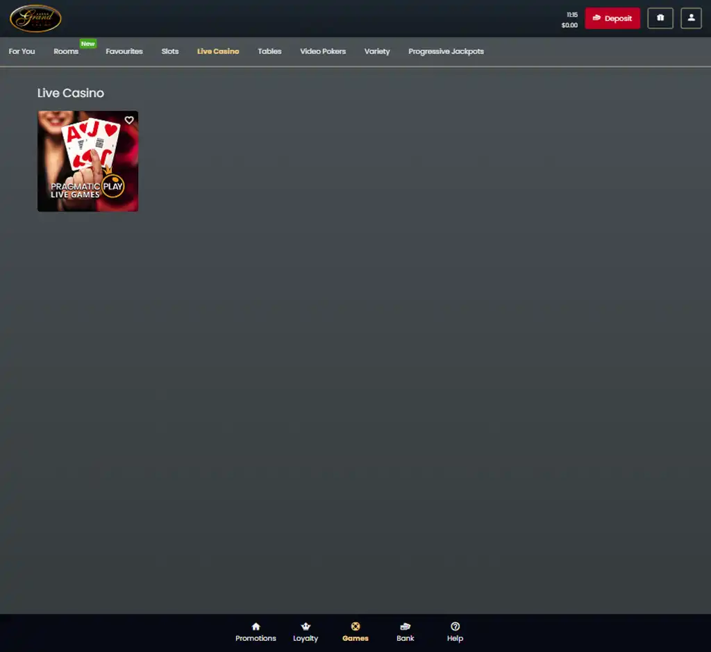 Grand Hotel Casino desktop live casino lobby screenshot featuring live dealer games and real-time streaming interface - review testing