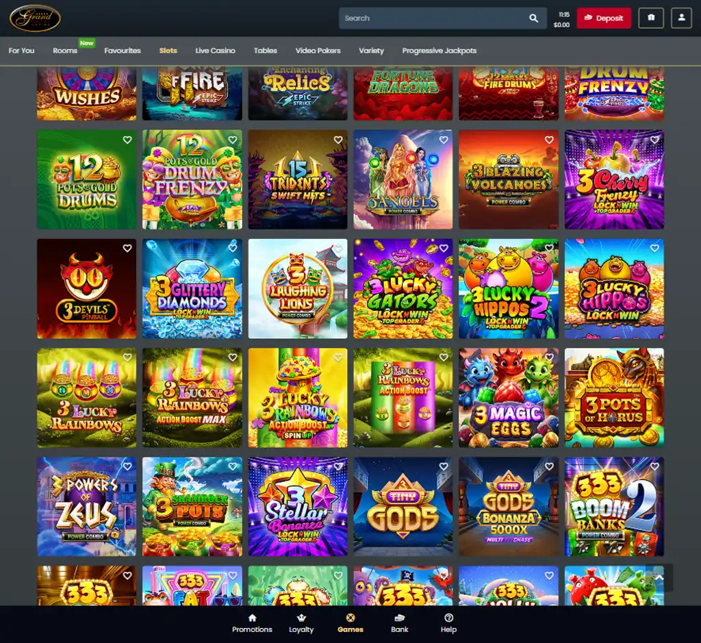 Grand Hotel Casino desktop slots lobby screenshot presenting variety of slot games with categories and providers - verified