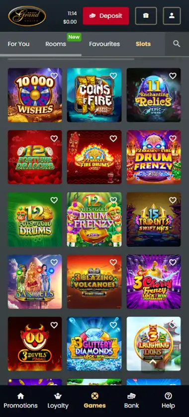 Grand Hotel Casino mobile slots interface screenshot showing slot game selection with popular titles and filtering options - captured during platform testing