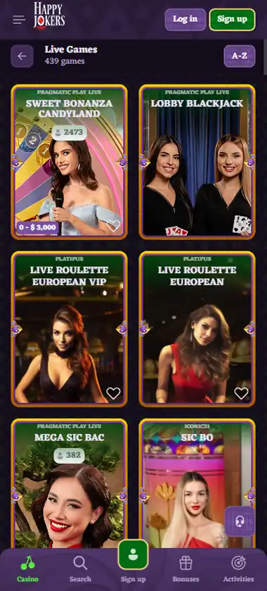 Happy Jokers Casino mobile live casino interface screenshot showing live dealer tables including blackjack and roulette - tested Happy Jokers Casino mobile live casino interface screenshot showing live dealer tables including blackjack and roulette - tested