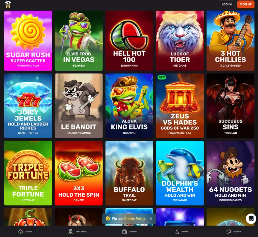 Hollywin Casino desktop slots lobby screenshot presenting variety of slot games with categories and providers - verified