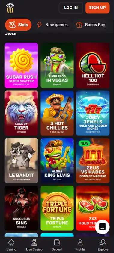 Hollywin Casino mobile slots interface screenshot showing slot game selection with popular titles and filtering options - captured during platform testing