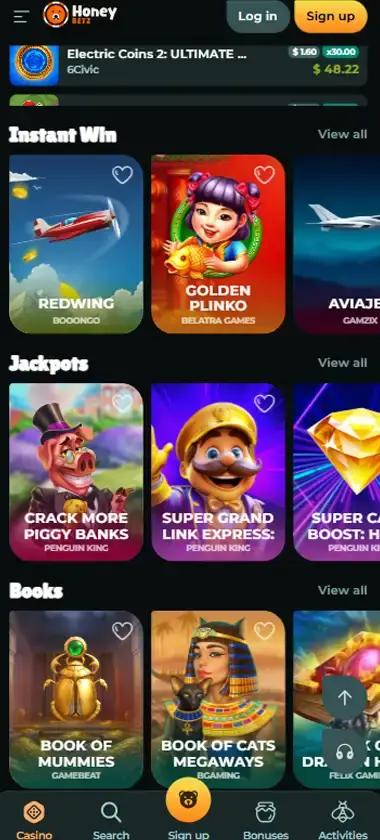 HoneyBetz Casino Mobile Preview 1