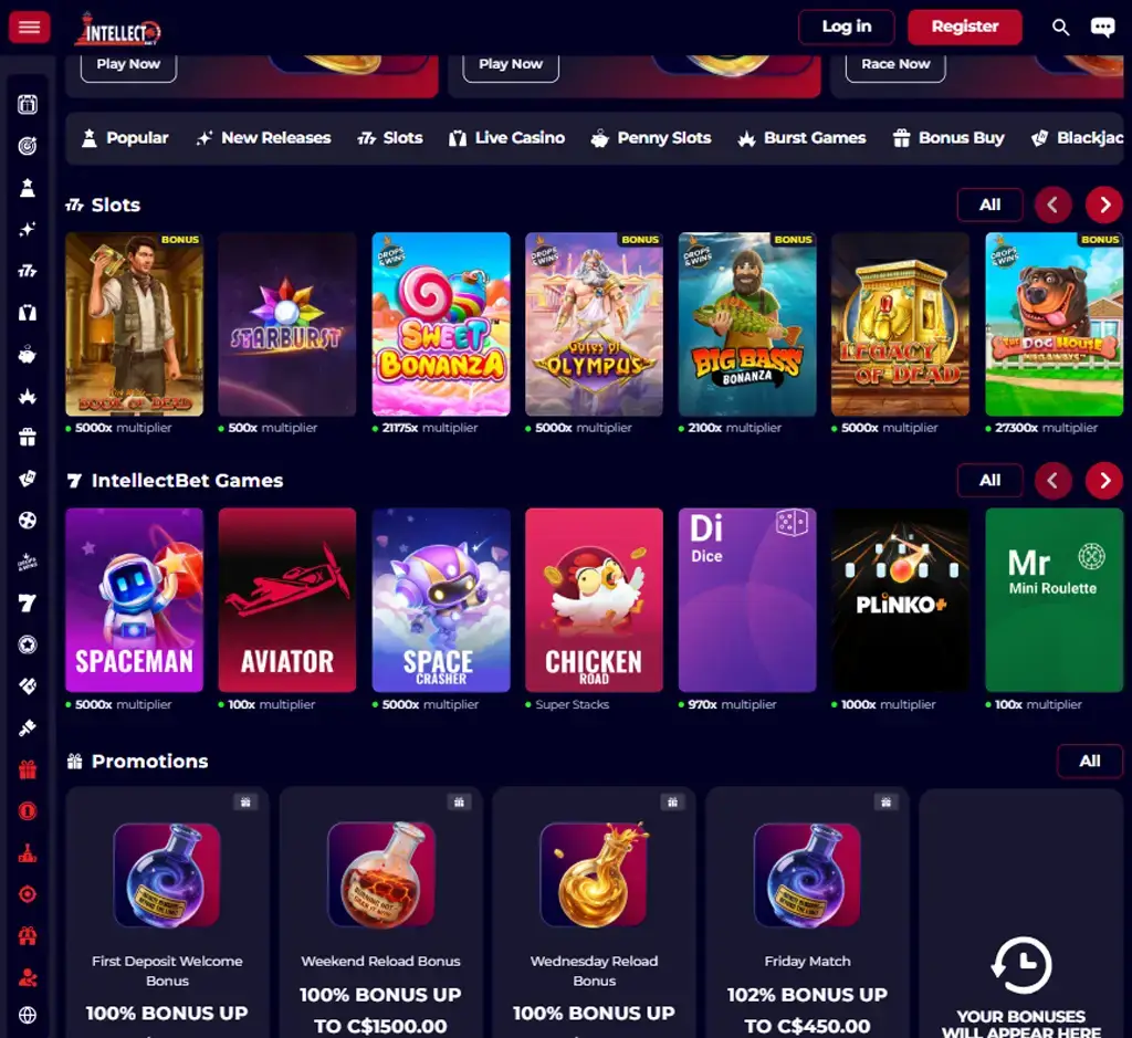 IntellectBet Casino desktop homepage screenshot displaying main sportsbook and casino lobby with featured betting markets, casino games, promotions and navigation menu - Tested IntellectBet Casino desktop homepage screenshot displaying main sportsbook and casino lobby with featured betting markets, casino games, promotions and navigation menu - Tested