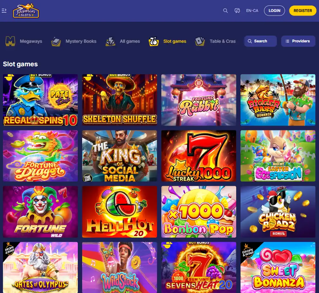 Jasmin Slots desktop slots lobby screenshot presenting variety of slot games with categories and providers - verified