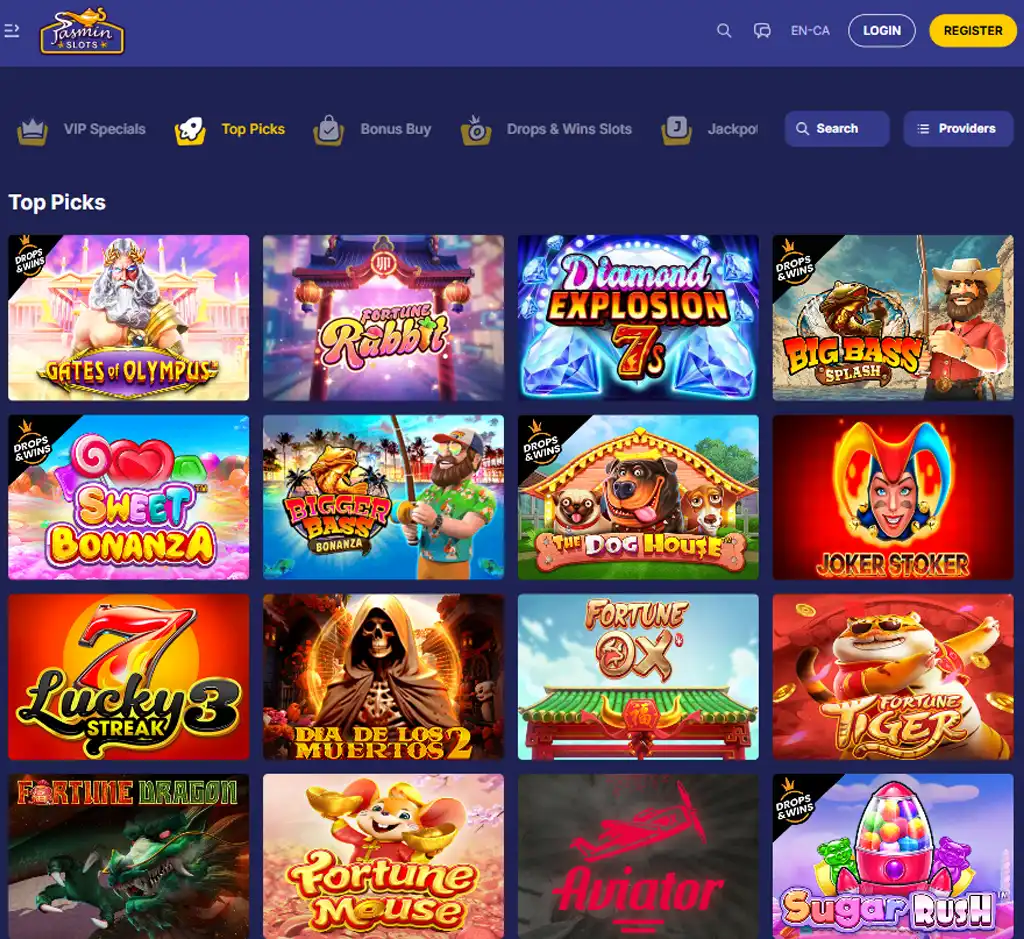 Jasmin Slots desktop slots lobby screenshot presenting variety of slot games with categories and providers - verified