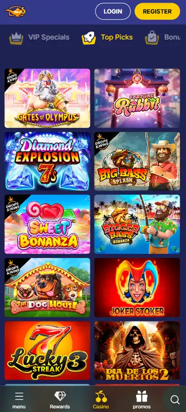 Jasmin Slots mobile top picks interface screenshot showing slot game selection with popular titles and filtering options - captured during platform testing