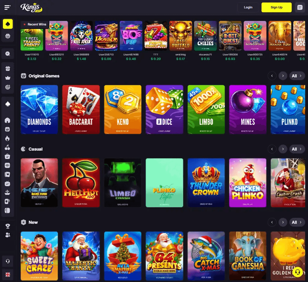 Kings Game Casino desktop homepage screenshot displaying main lobby with featured games, promotions and navigation menu - tested