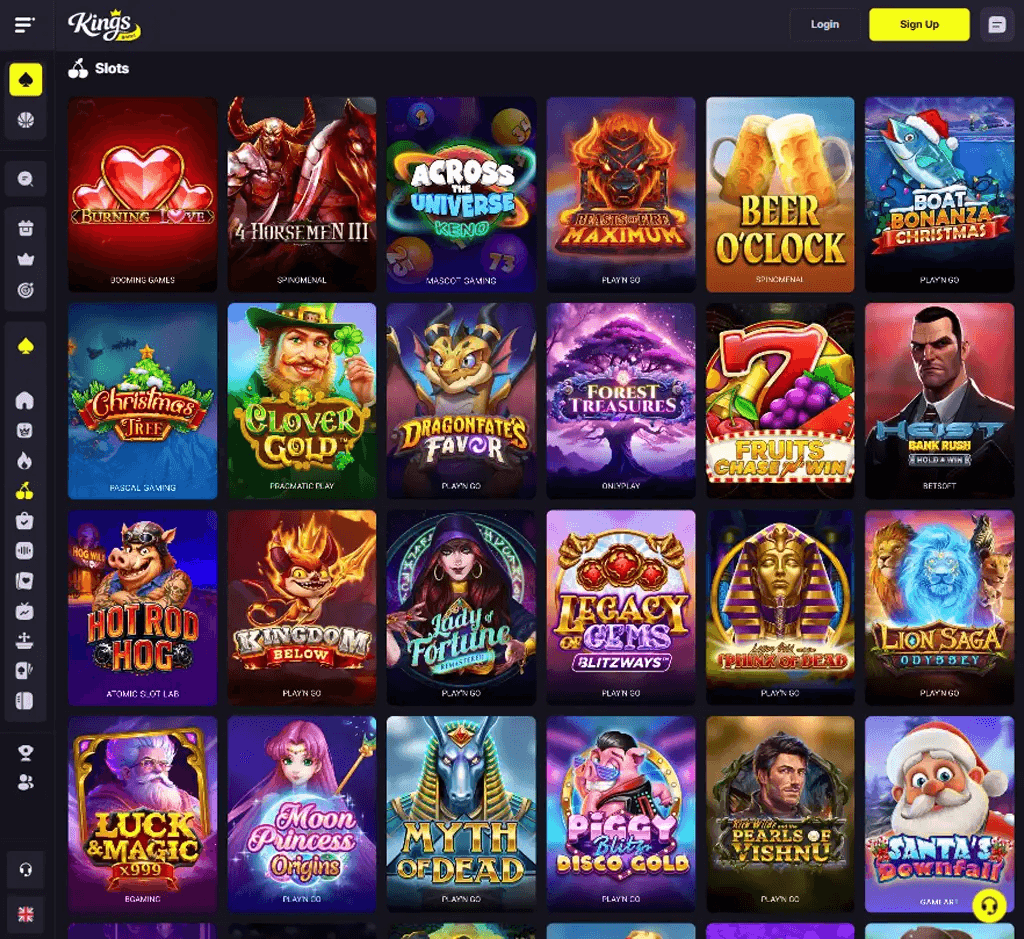 Kings Game Casino desktop slots lobby screenshot presenting variety of slot games with categories and providers - verified