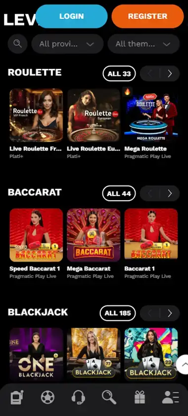 Level Up Casino mobile live casino interface screenshot showing live dealer tables including blackjack and roulette - tested