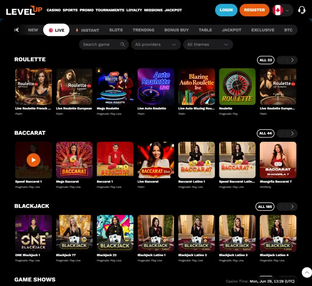 Level Up Casino desktop live casino lobby screenshot featuring live dealer games and real-time streaming interface - review testing