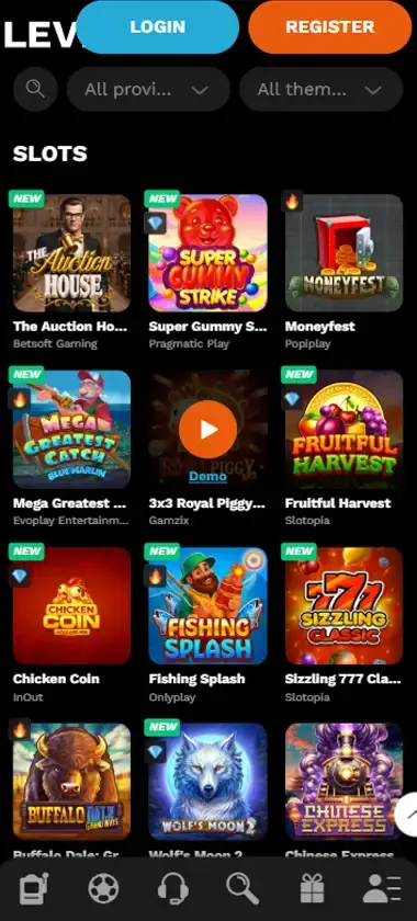 Level Up Casino mobile slots interface screenshot showing slot game selection with popular titles and filtering options - captured during platform testing