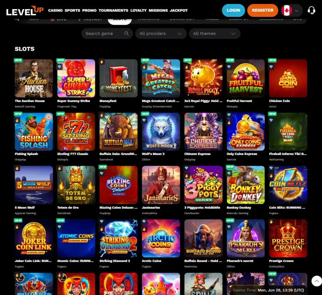 Level Up Casino desktop slots lobby screenshot presenting variety of slot games with categories and providers - verified
