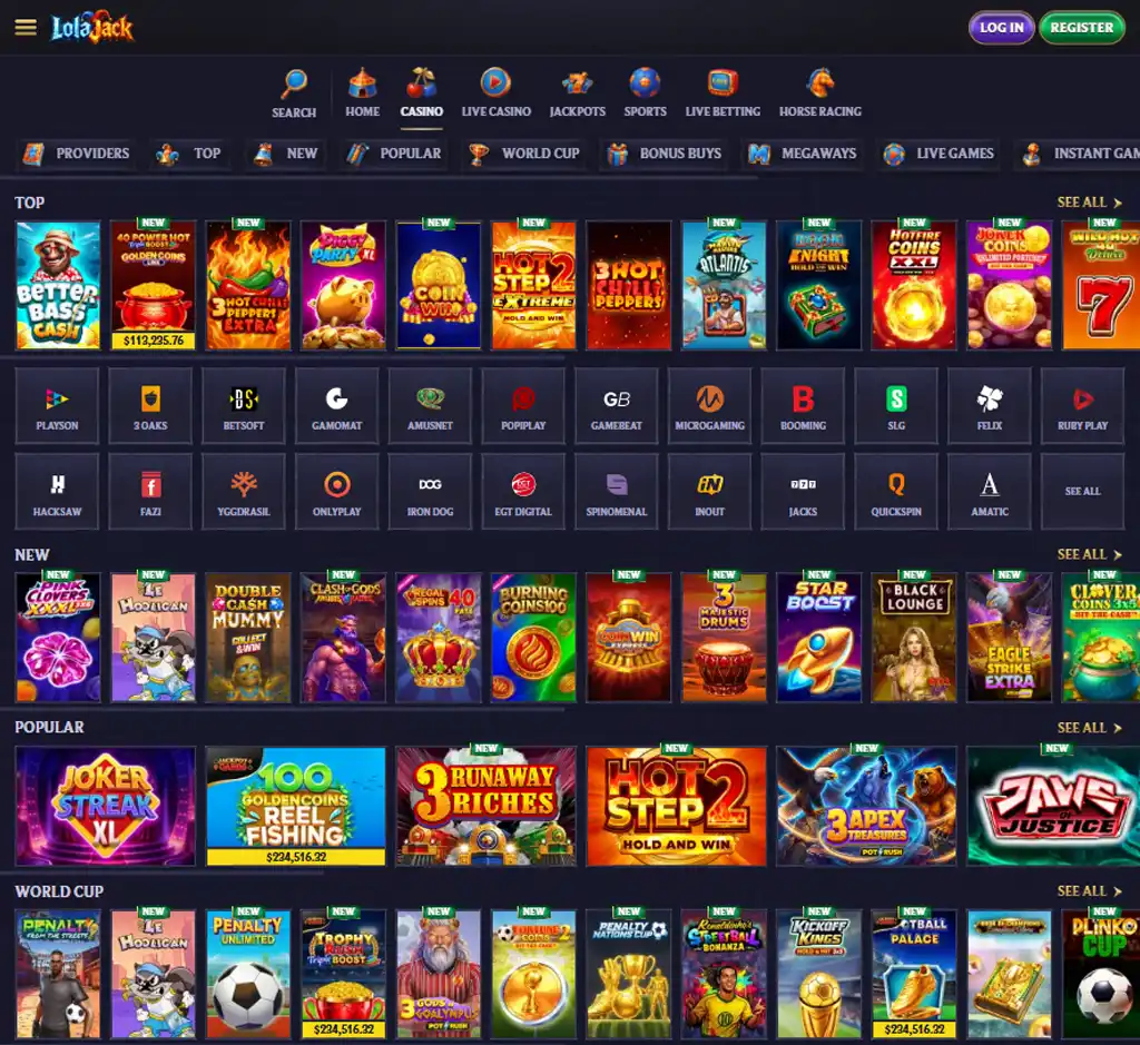 Lola Jack Casino desktop slots lobby screenshot presenting variety of slot games with categories and providers - verified Lola Jack Casino desktop slots lobby screenshot presenting variety of slot games with categories and providers - verified