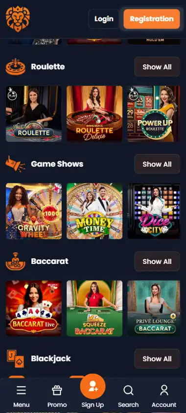 LuckyLion Casino Mobile Preview 1