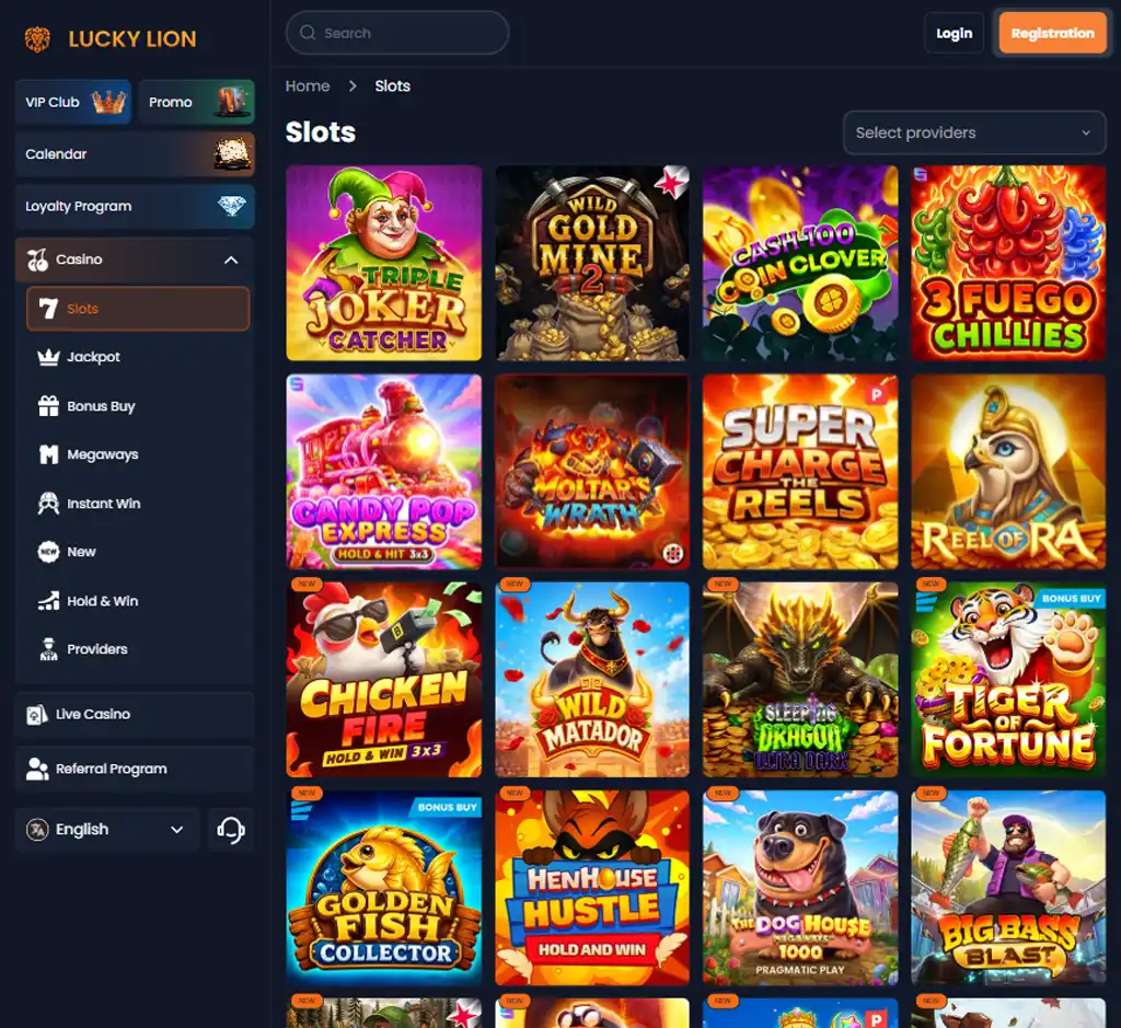 Lucky Lion Casino desktop slots lobby screenshot presenting variety of slot games with categories and providers - verified