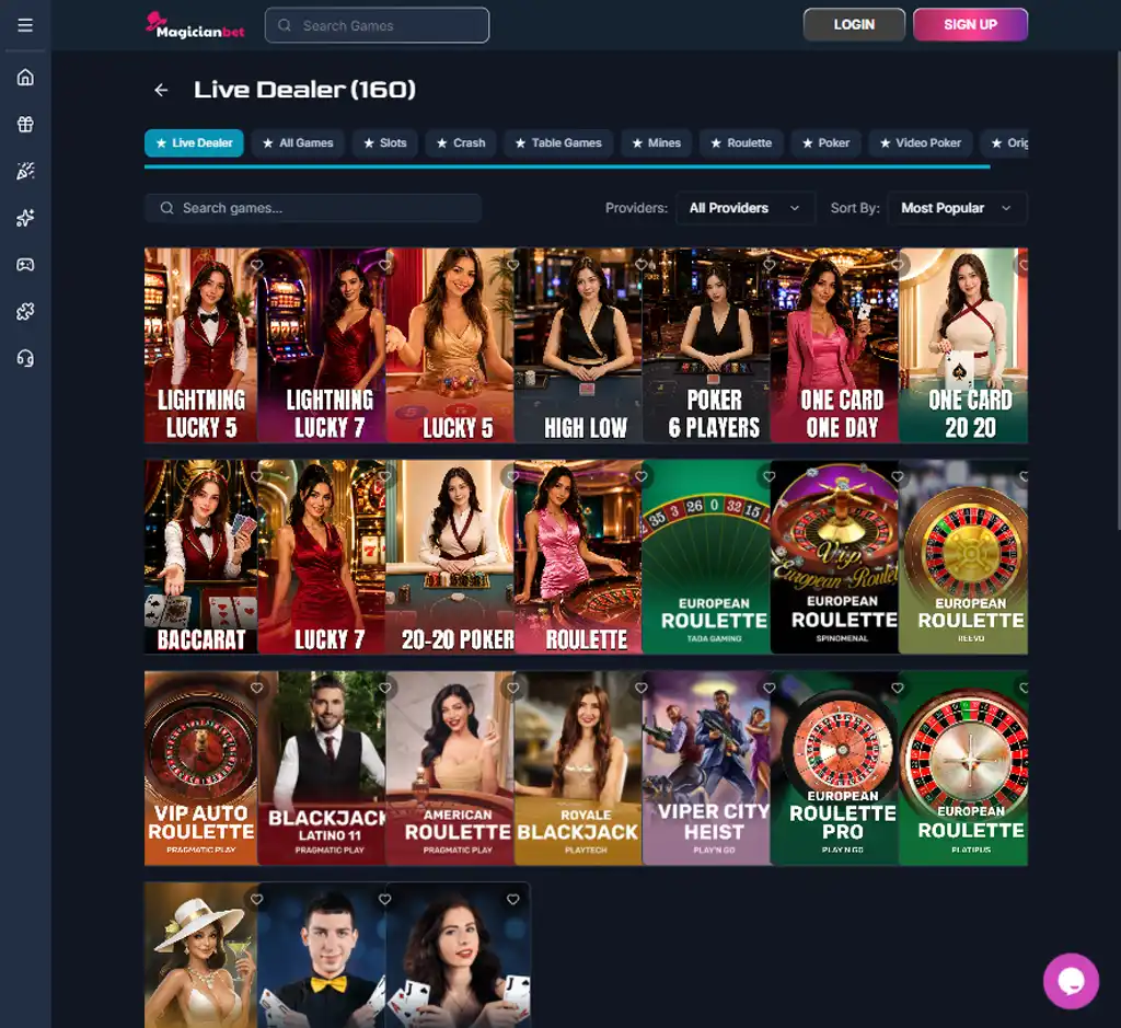 Magician Bet Casino desktop live casino lobby screenshot featuring live dealer games and real-time streaming interface - review testing