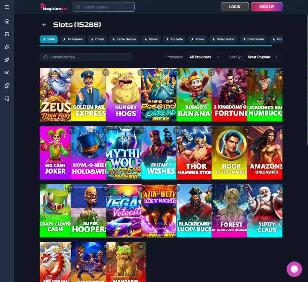 Magician Bet Casino desktop slots lobby screenshot presenting variety of slot games with categories and providers - verified