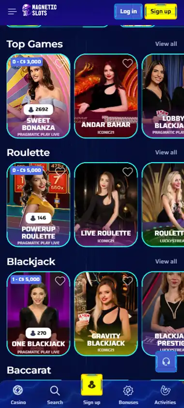 Magnetic Slots Casino mobile live casino interface screenshot showing live dealer tables including blackjack and roulette - tested