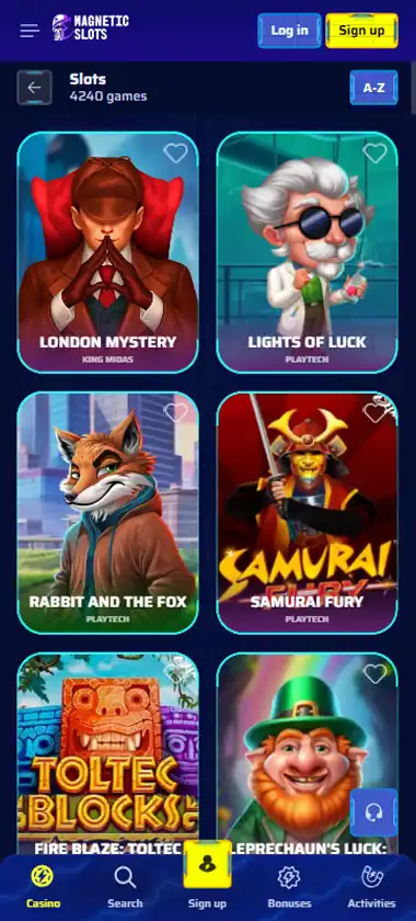 Magnetic Slots Casino mobile slots interface screenshot showing slot game selection with popular titles and filtering options - captured during platform testing