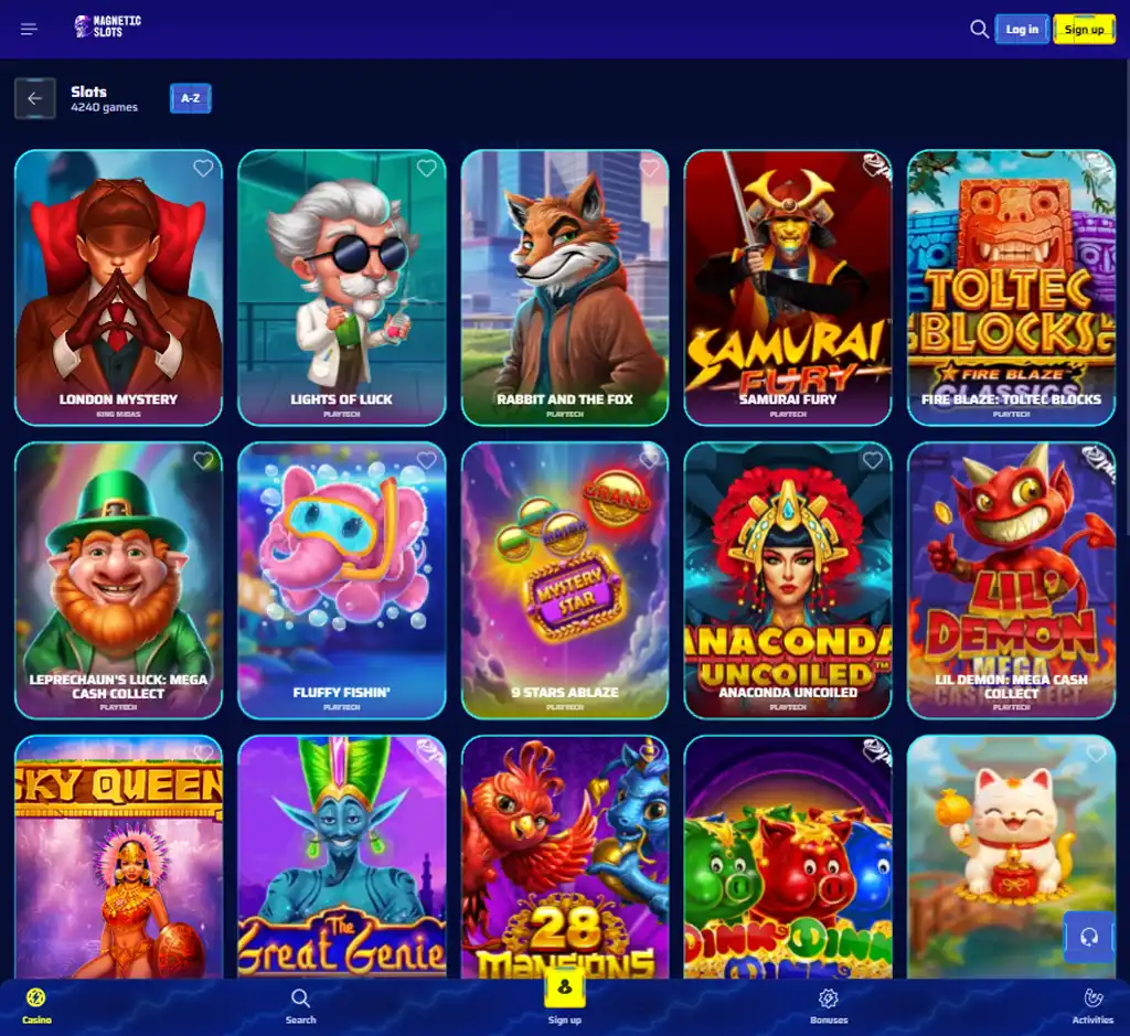Magnetic Slots Casino desktop slots lobby screenshot presenting variety of slot games with categories and providers - verified