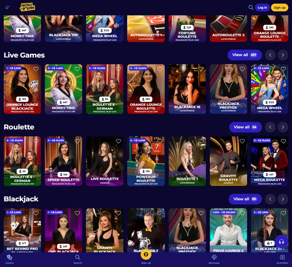MoroSpin Casino desktop live casino lobby screenshot featuring live dealer games and real-time streaming interface - review testing