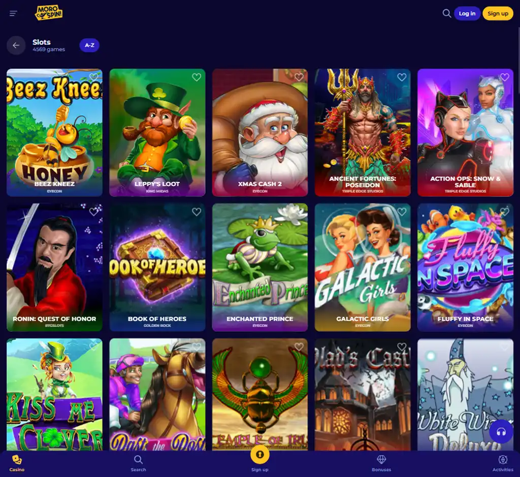 MoroSpin Casino desktop slots lobby screenshot presenting variety of slot games with categories and providers - verified