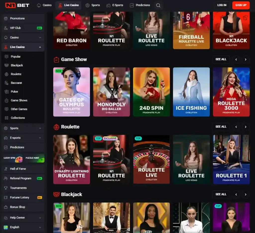 N1 Bet Casino desktop live casino lobby screenshot featuring live dealer games and real-time streaming interface - review testing N1 Bet Casino desktop live casino lobby screenshot featuring live dealer games and real-time streaming interface - review testing