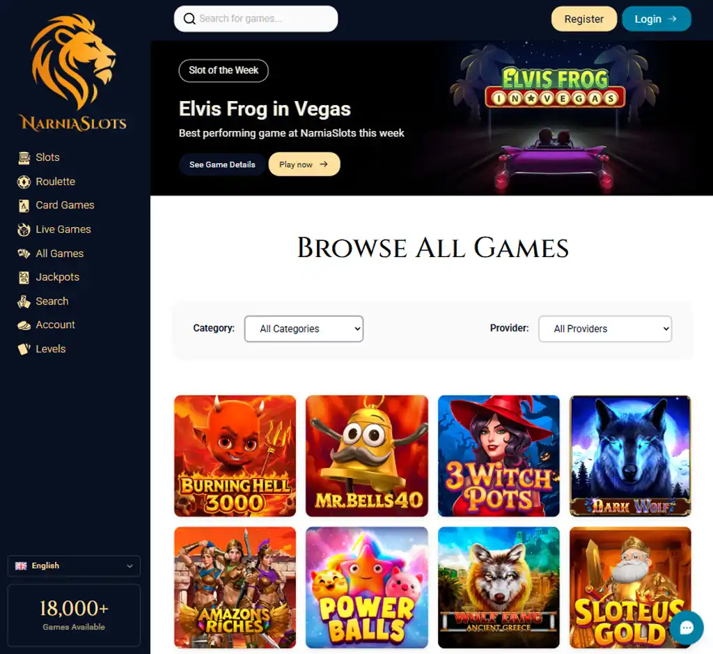 Narnia Slots Casino desktop homepage screenshot displaying main lobby with featured games, promotions and navigation menu - tested