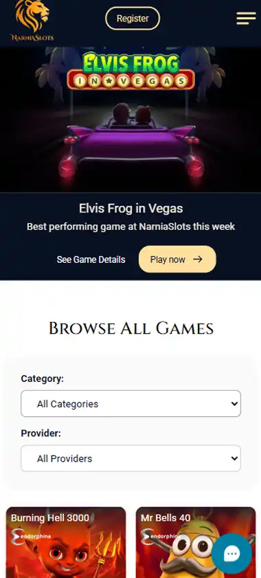 Narnia Slots Casino mobile homepage screenshot showing main lobby with featured games and promotions - captured during platform testing