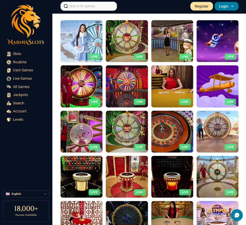 Narnia Slots Casino desktop live casino lobby screenshot featuring live dealer games and real-time streaming interface - review testing