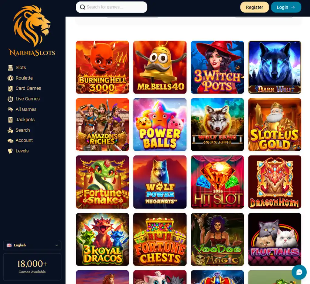Narnia Slots Casino desktop slots lobby screenshot presenting variety of slot games with categories and providers - verified