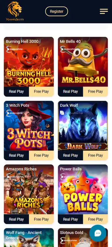 Narnia Slots Casino mobile slots interface screenshot showing slot game selection with popular titles and filtering options - captured during platform testing