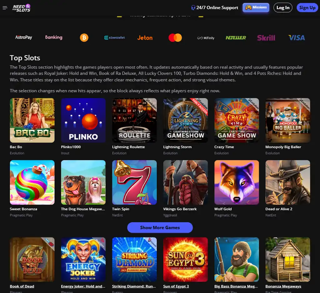 Need for Slots Casino desktop slot games lobby screenshot presenting variety of slot games with categories and providers - verified