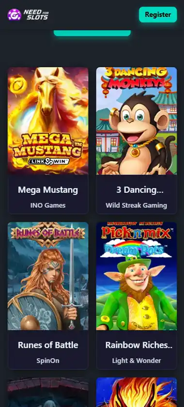 Need for Slots Casino mobile slot games interface screenshot showing slot game selection with popular titles and filtering options - captured during platform testing