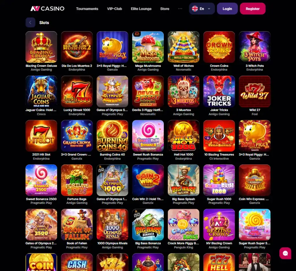 NV Casino desktop slots lobby presenting a variety of slot games with categories and providers - tested NV Casino desktop slots lobby presenting a variety of slot games with categories and providers - tested