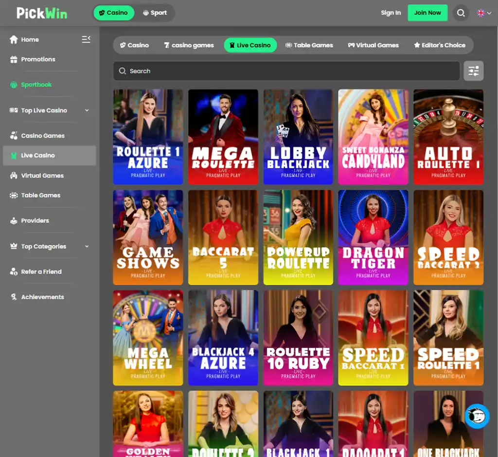 PickWin Casino desktop live casino lobby screenshot featuring live dealer games and real-time streaming interface - review testing