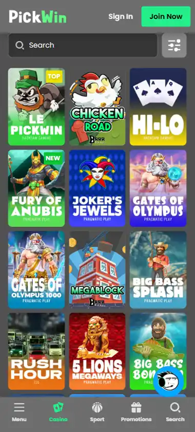 PickWin Casino mobile slots interface screenshot showing slot game selection with popular titles and filtering options - captured during platform testing