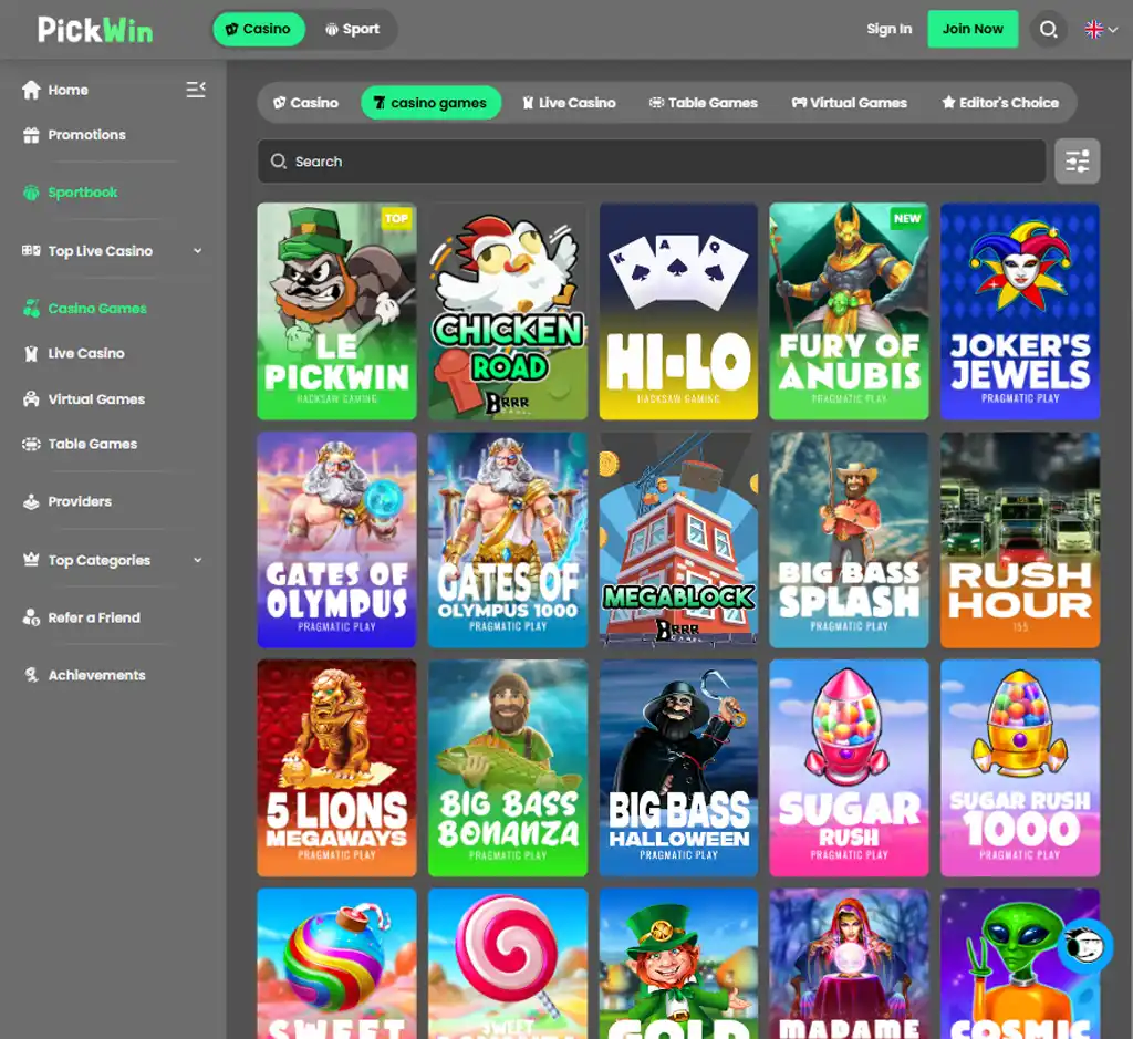 PickWin Casino desktop slots lobby screenshot presenting variety of slot games with categories and providers - verified